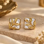 Mother-of-Pearl & Golden Leaf Square Stud Earrings