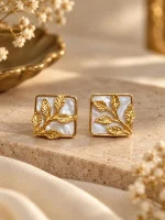 Mother-of-Pearl & Golden Leaf Square Stud Earrings
