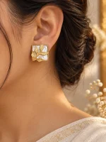 Mother-of-Pearl & Golden Leaf Square Stud Earrings - Image 2