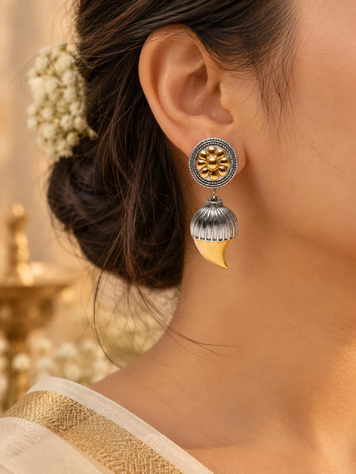 New Project - 2026-09-08T161324.421 Dual-Tone Floral & Claw Motif Jhumka Earrings - Image 1