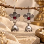 Oxidized Silver Floral Ruby Jhumka Earrings