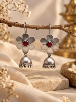 Oxidized Silver Floral Ruby Jhumka Earrings