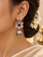 Oxidized Silver Floral Ruby Jhumka Earrings - Image 2