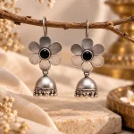 Oxidized Silver Floral Onyx Black Jhumka Earrings