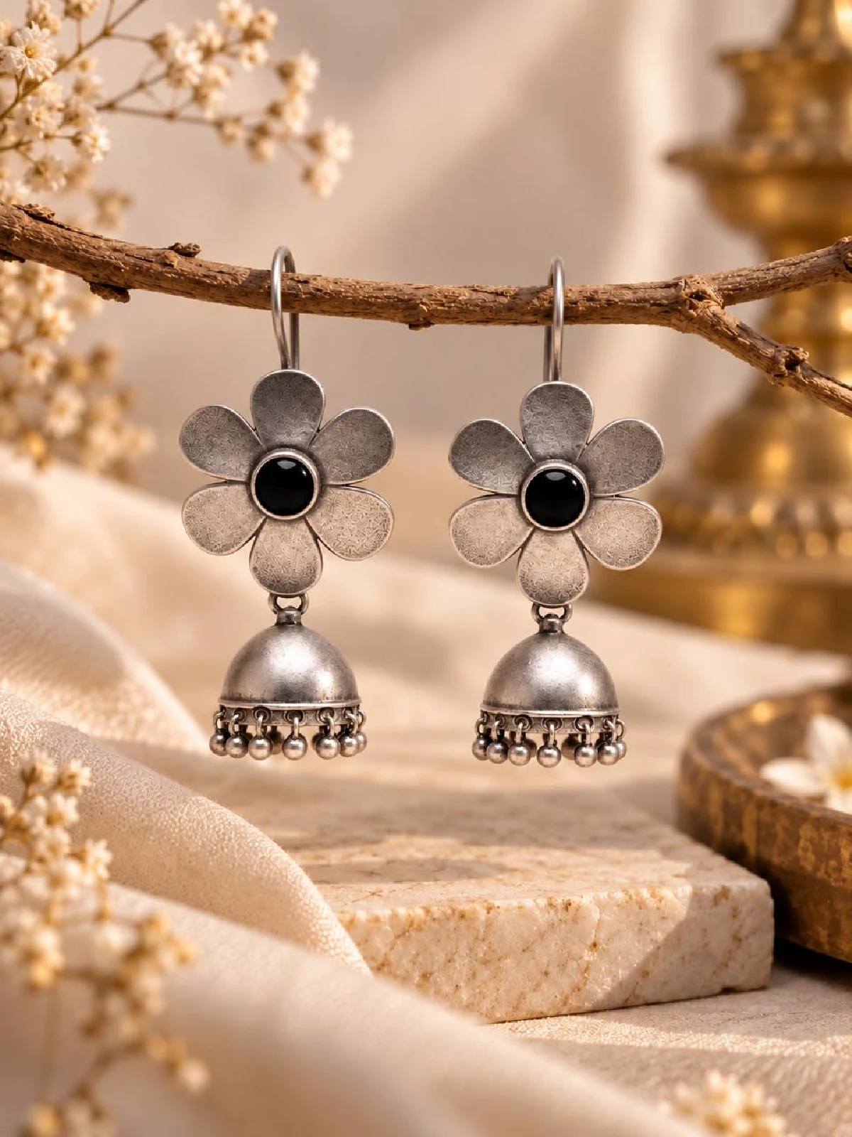 New Project - 2026-09-08T161705.950 Oxidized Silver Floral Onyx Black Jhumka Earrings - Image 1