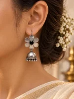 Oxidized Silver Floral Onyx Black Jhumka Earrings - Image 2