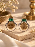 Dual-Tone Peacock Floral Emerald Stud Earrings