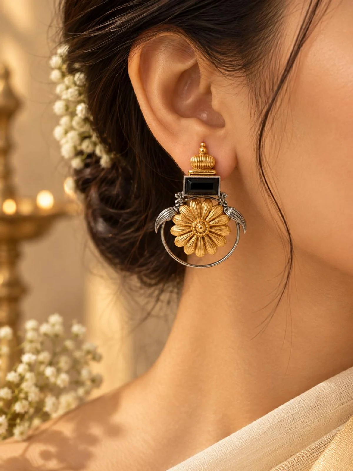 New Project - 2026-09-08T162103.082 Dual-Tone Peacock Floral Black Onyx Stud Earrings - Image 1