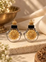 Dual-Tone Peacock Floral Black Onyx Stud Earrings - Image 2
