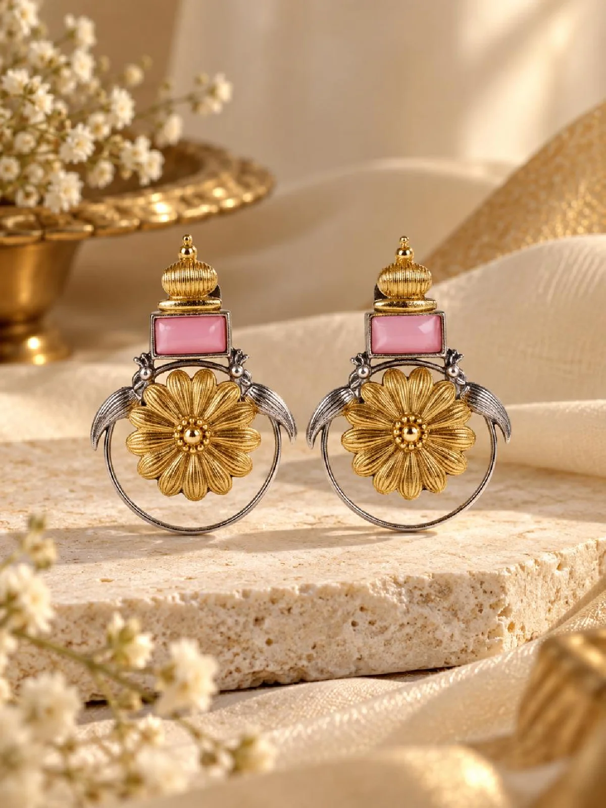 New Project - 2026-09-08T162309.397 Dual-Tone Peacock Floral Rose Pink Stud Earrings - Image 1