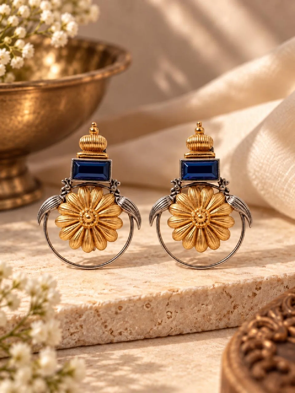 New Project - 2026-09-08T162542.458 Dual-Tone Peacock Floral Sapphire Blue Stud Earrings - Image 1