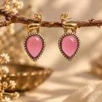 Golden Deer & Rose Chalcedony Teardrop Earrings