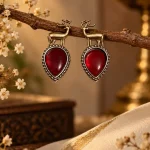 Golden Deer & Garnet Red Teardrop Earrings