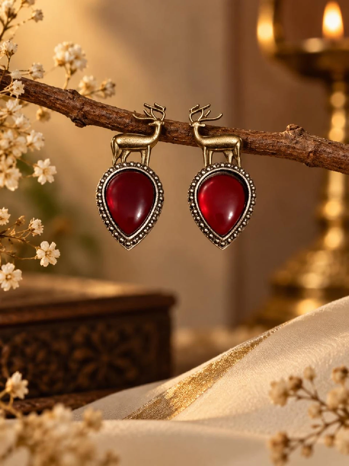 New Project - 2026-09-08T162949.696 Golden Deer & Garnet Red Teardrop Earrings - Image 1