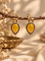 Golden Deer & Citrine Amber Teardrop Earrings
