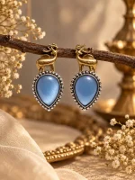 Golden Deer & Blue Chalcedony Teardrop Earrings