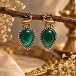 Golden Deer & Emerald Green Onyx Teardrop Earrings