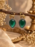 Golden Deer & Emerald Green Onyx Teardrop Earrings