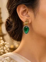 Golden Deer & Emerald Green Onyx Teardrop Earrings - Image 2