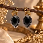 Golden Deer & Black Onyx Teardrop Earrings