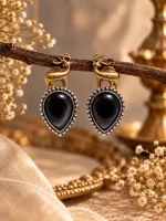 Golden Deer & Black Onyx Teardrop Earrings